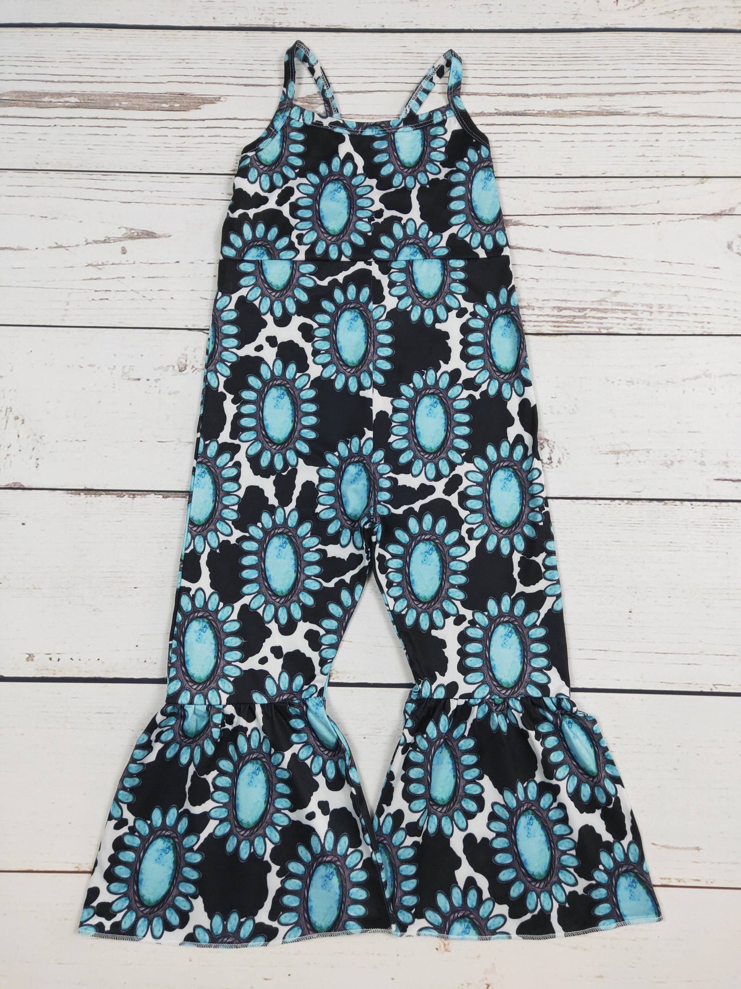 Turquoise Cow Printed Baby+Girls Jumpsuit