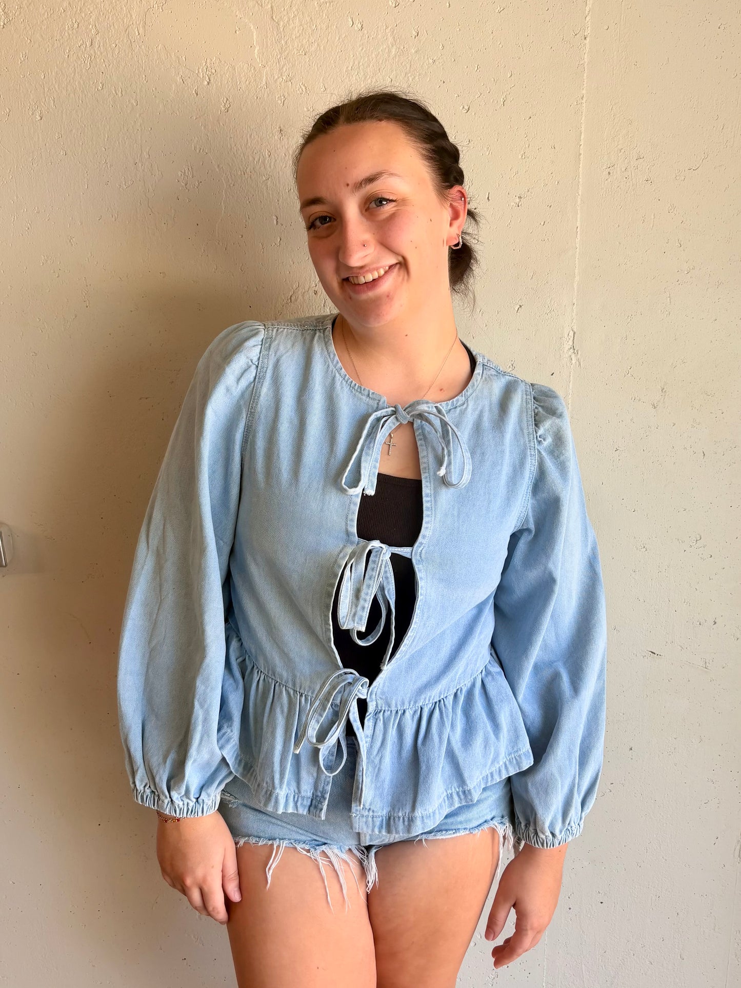 Long Sleeve Denim Bow Ruffle Top