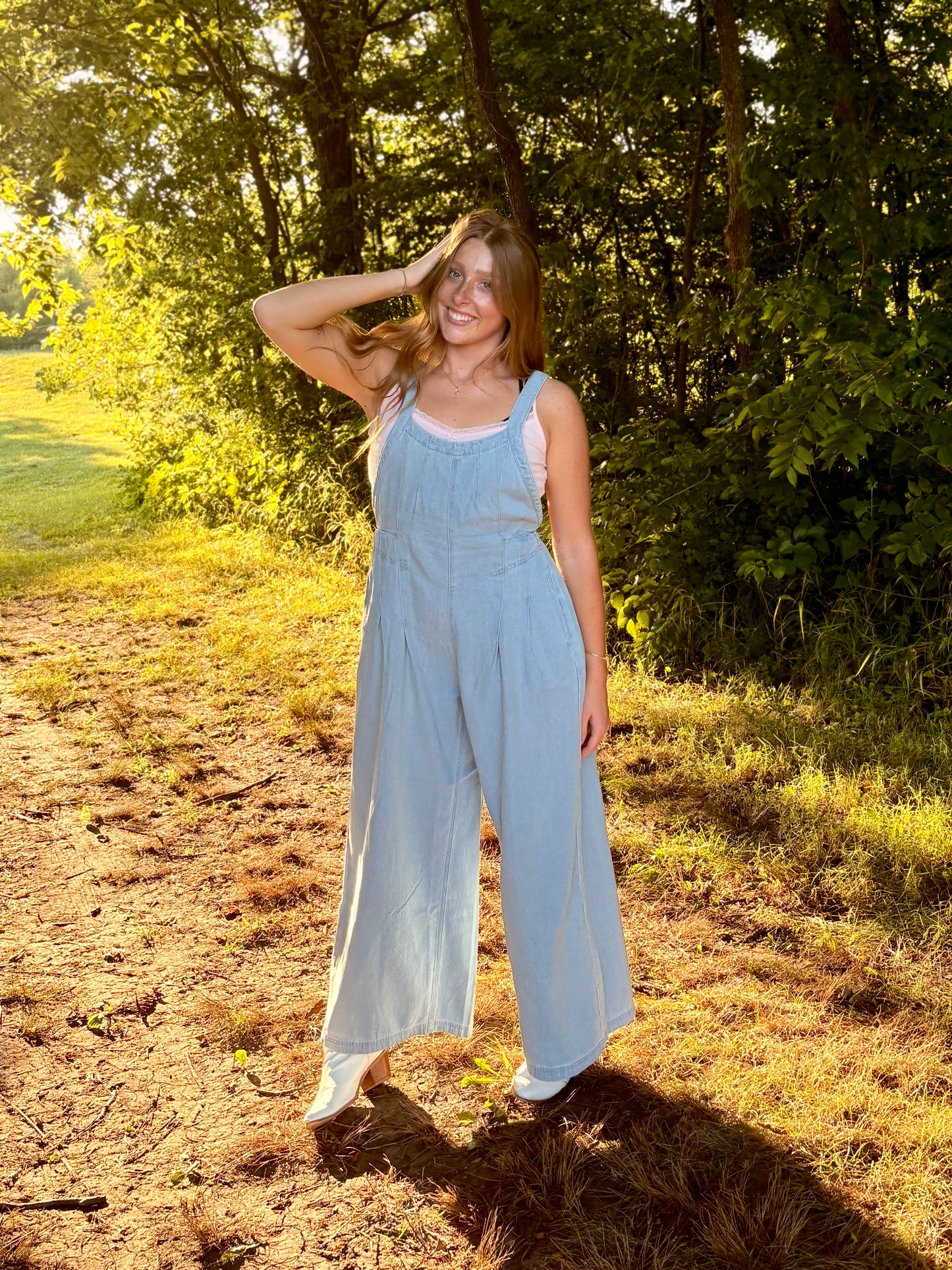 Pleated Denim Overalls