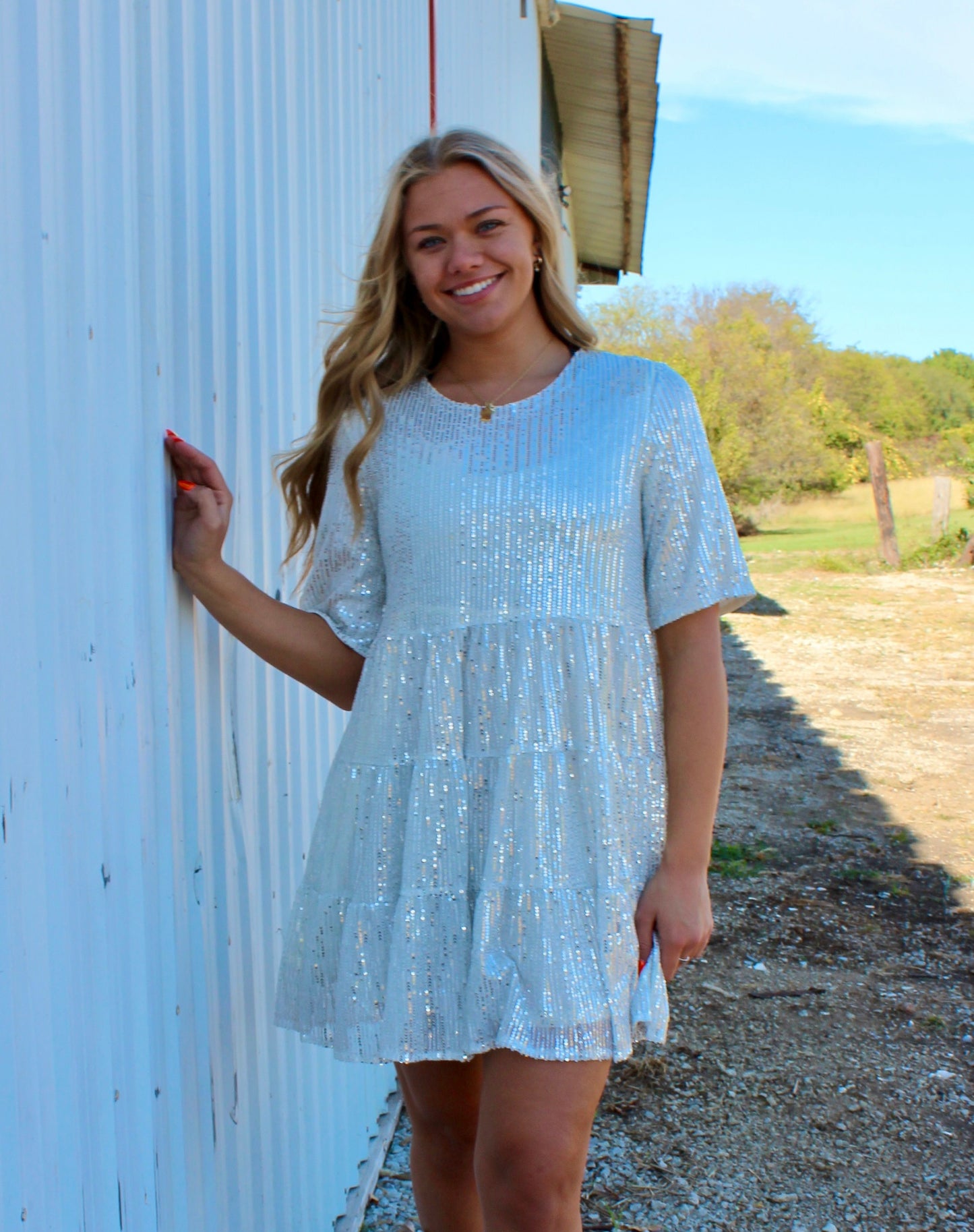 White Sequin T-Shirt Dress
