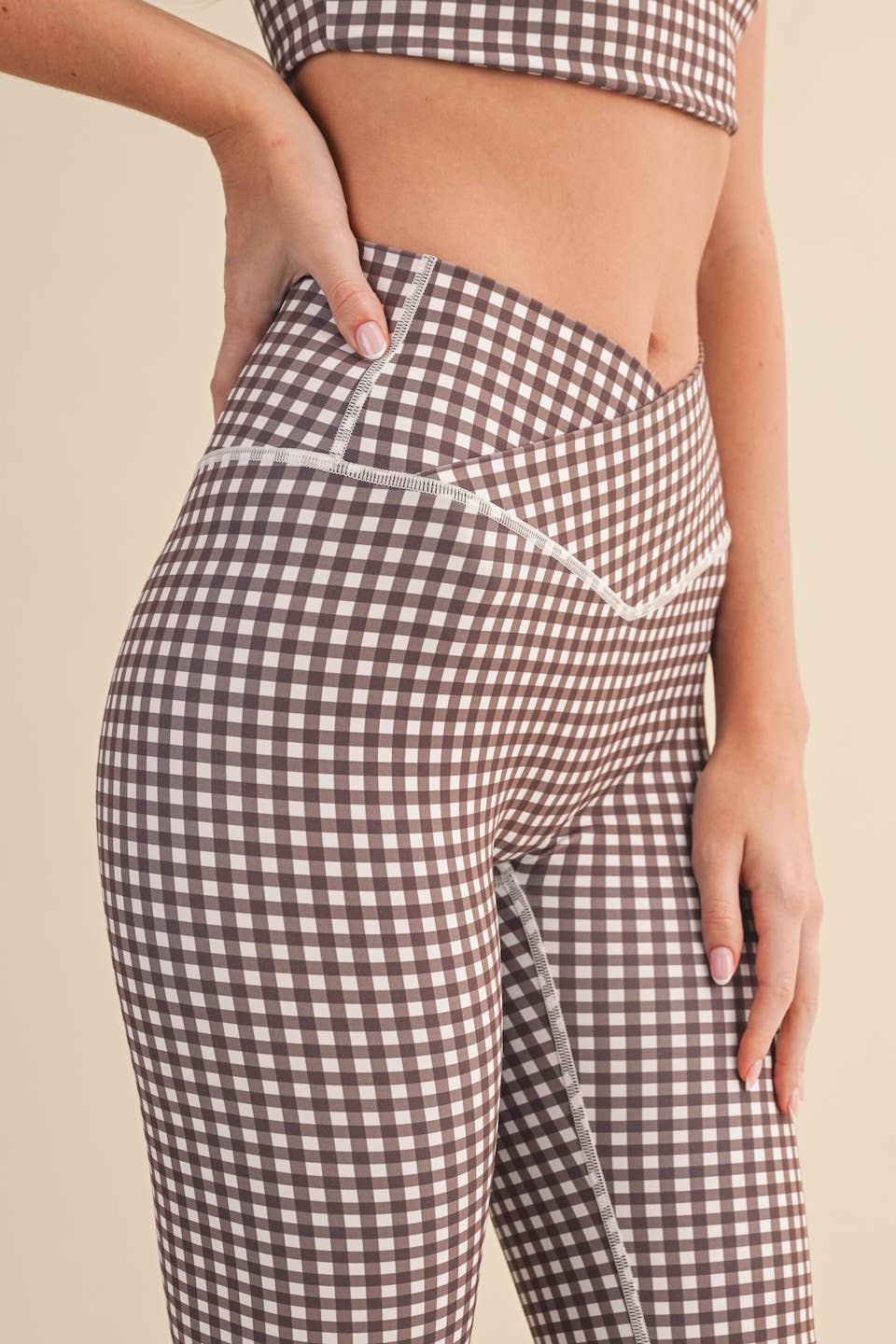Gingham Print High Waist Crossover Flare Legging