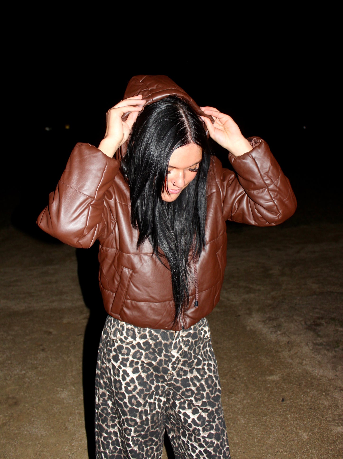 Hooded Faux Leather Cropped Puffer Jacket