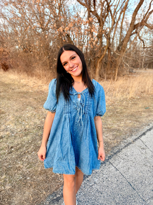 Pleated Denim Mini Dress
