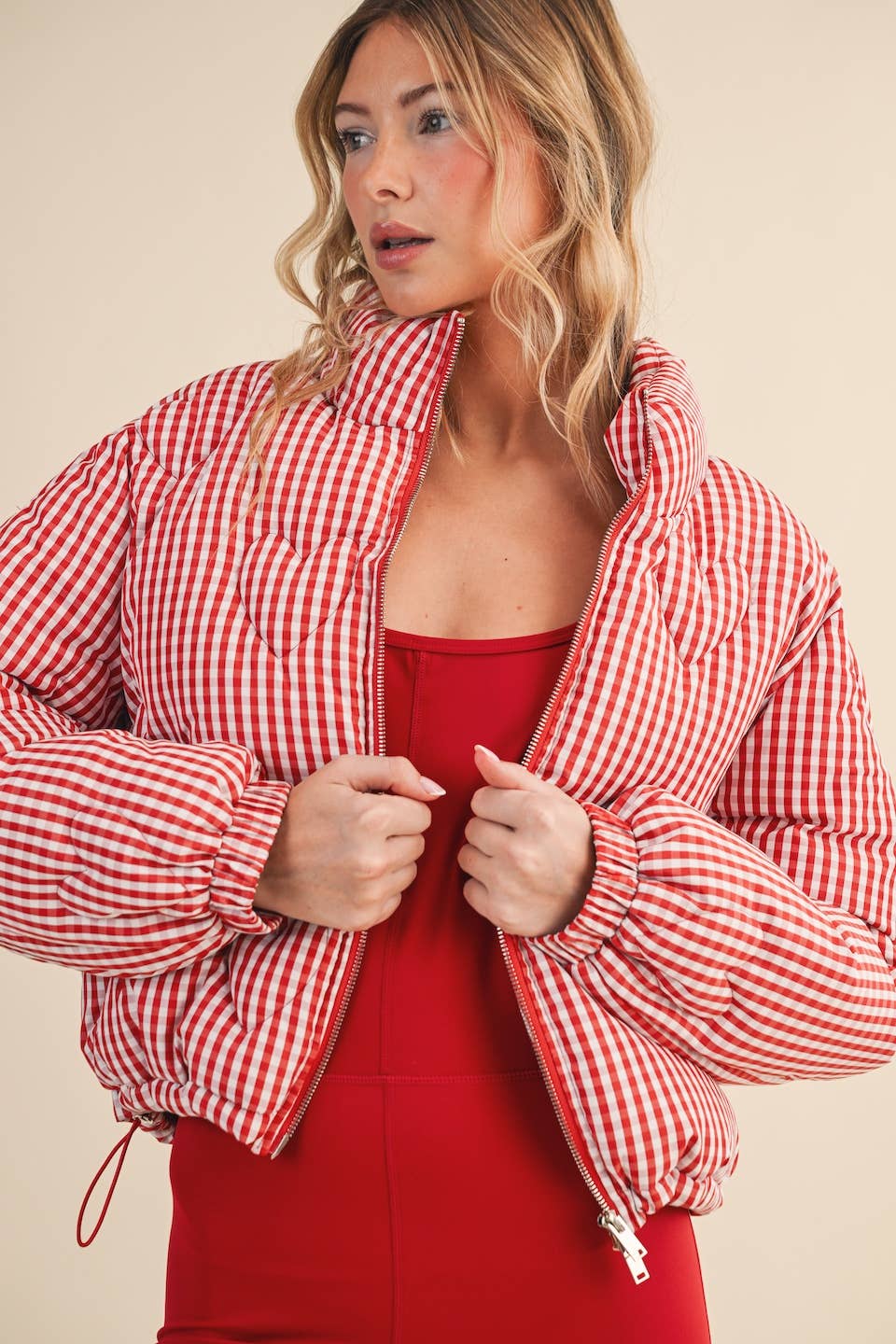 Gingham Print Puffer Jacket with Heart Shaped Quilting