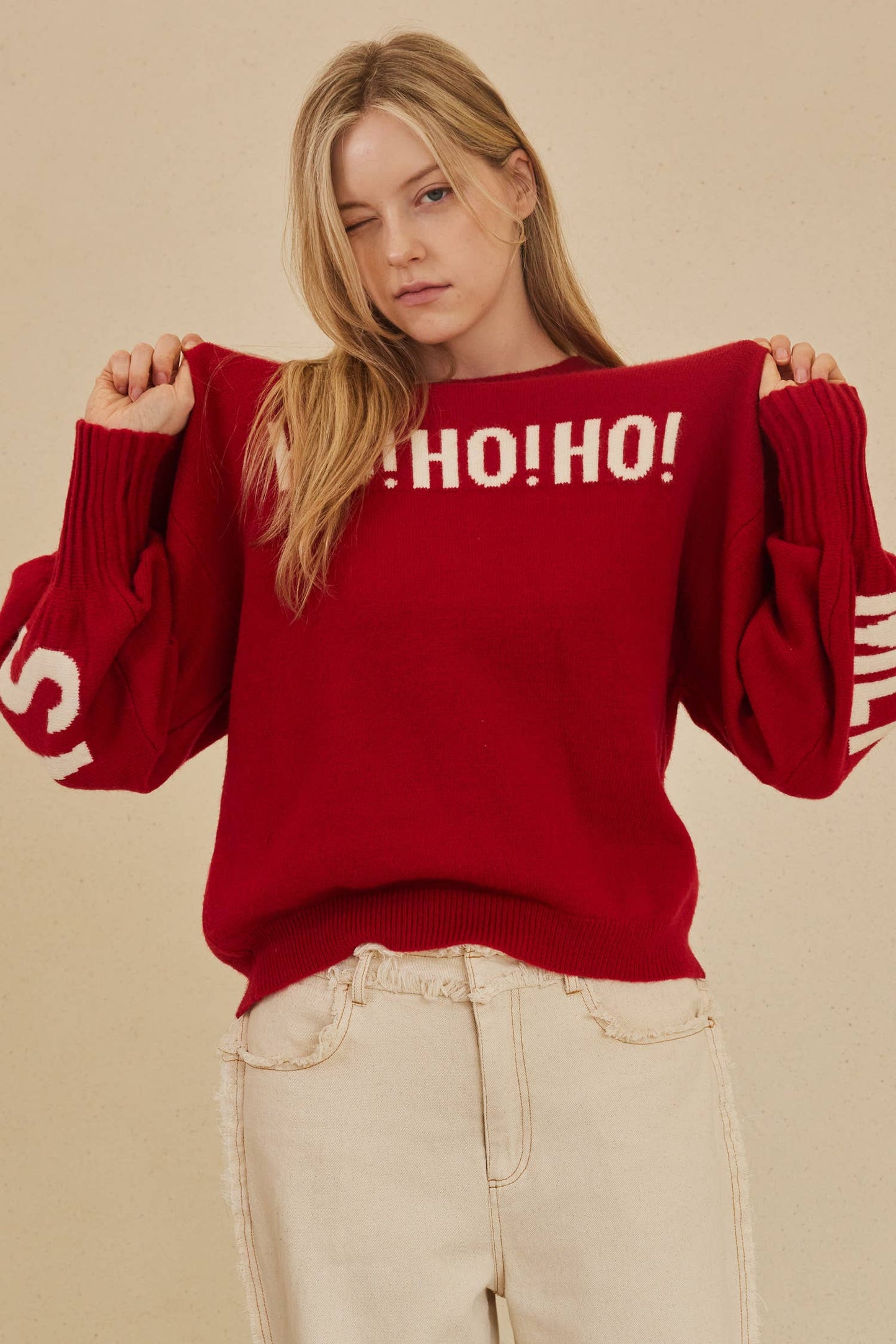 Oversized Ho! Ho! Ho! Bell Sleeve Sweater in Red