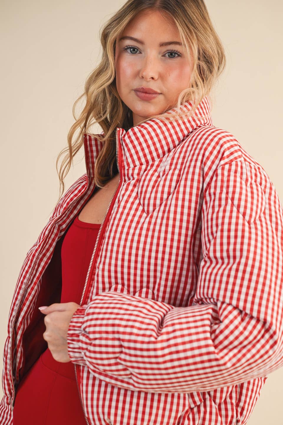 Gingham Print Puffer Jacket with Heart Shaped Quilting