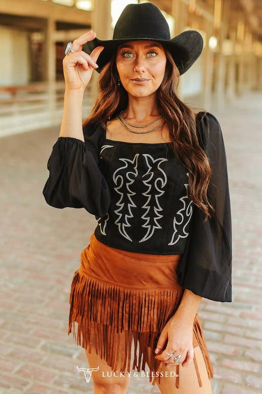 Black Boot-stitch Embroidered Top