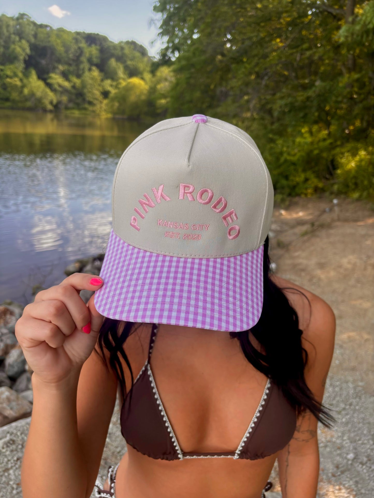 Pink Rodeo Gingham Brim Trucker Hat