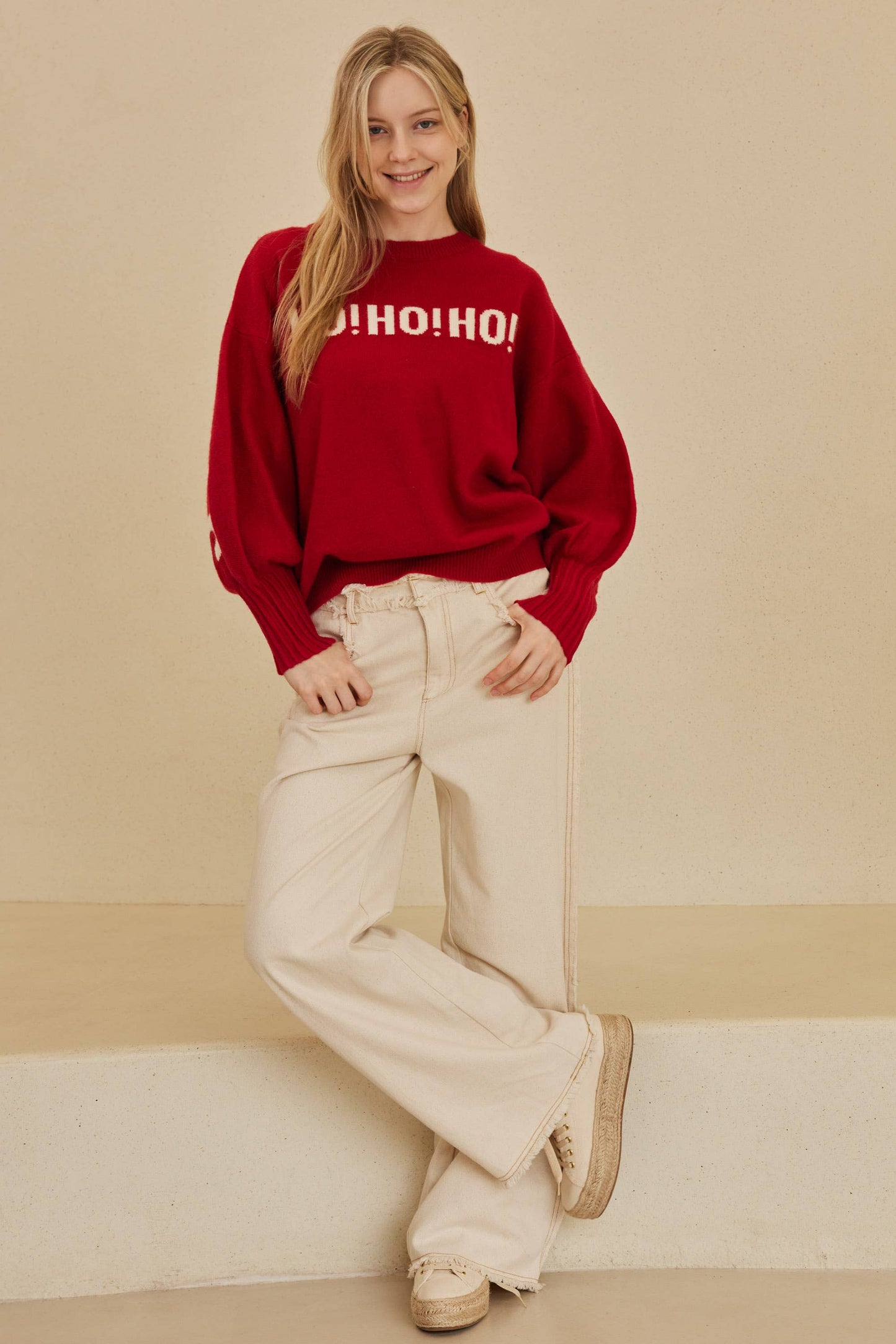 Oversized Ho! Ho! Ho! Bell Sleeve Sweater in Red