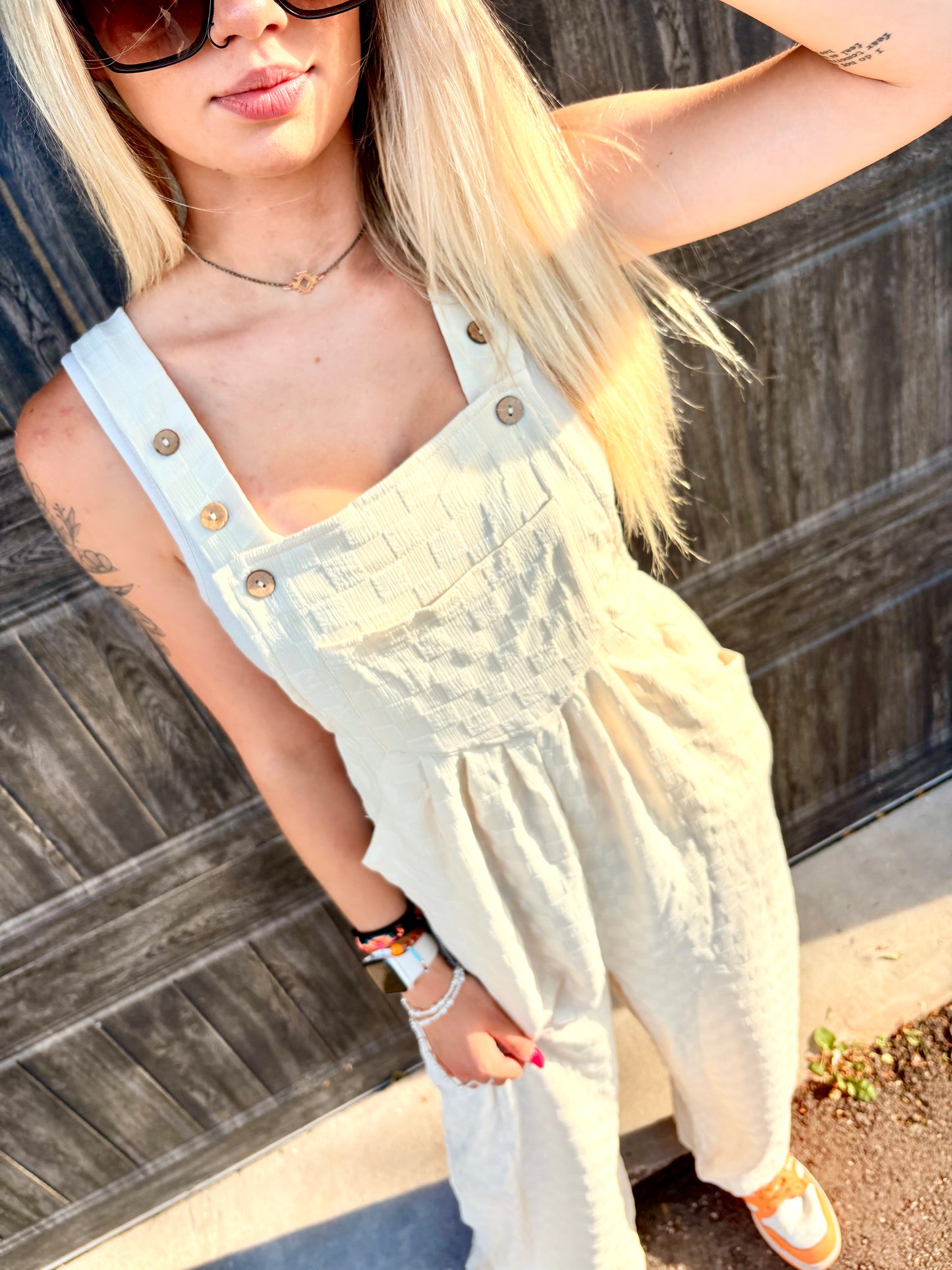 Beige Checkered Overalls