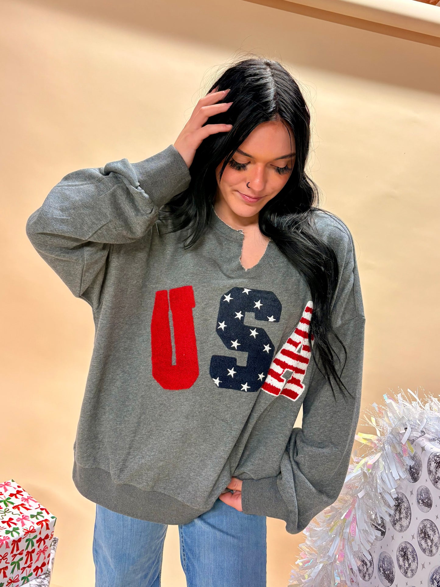 Distressed USA Oversized Crew