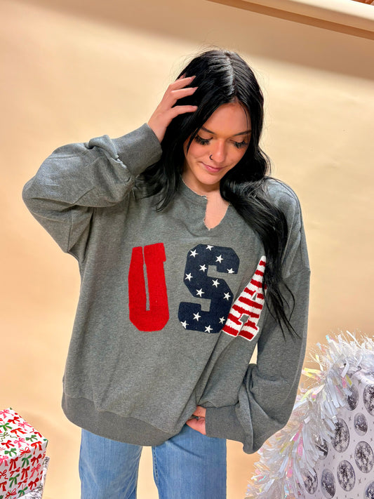 Distressed USA Oversized Crew