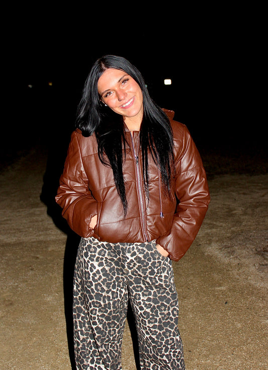 Hooded Faux Leather Cropped Puffer Jacket