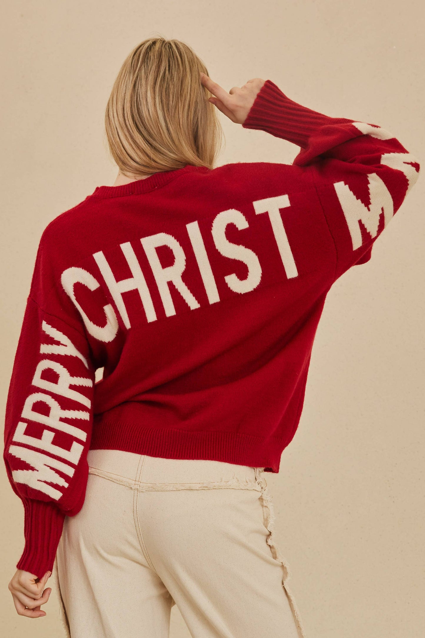 Oversized Ho! Ho! Ho! Bell Sleeve Sweater in Red