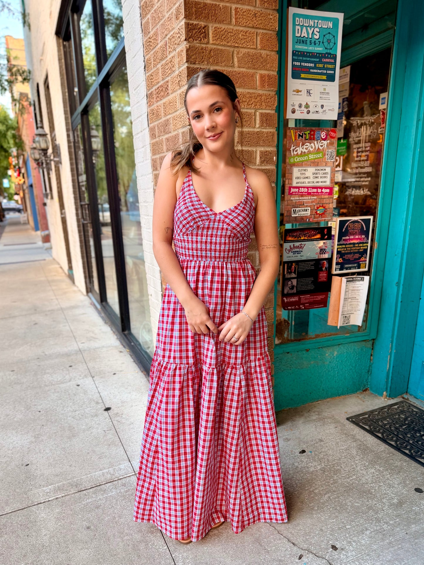 Americana Gingham Cross Back Midi Dress