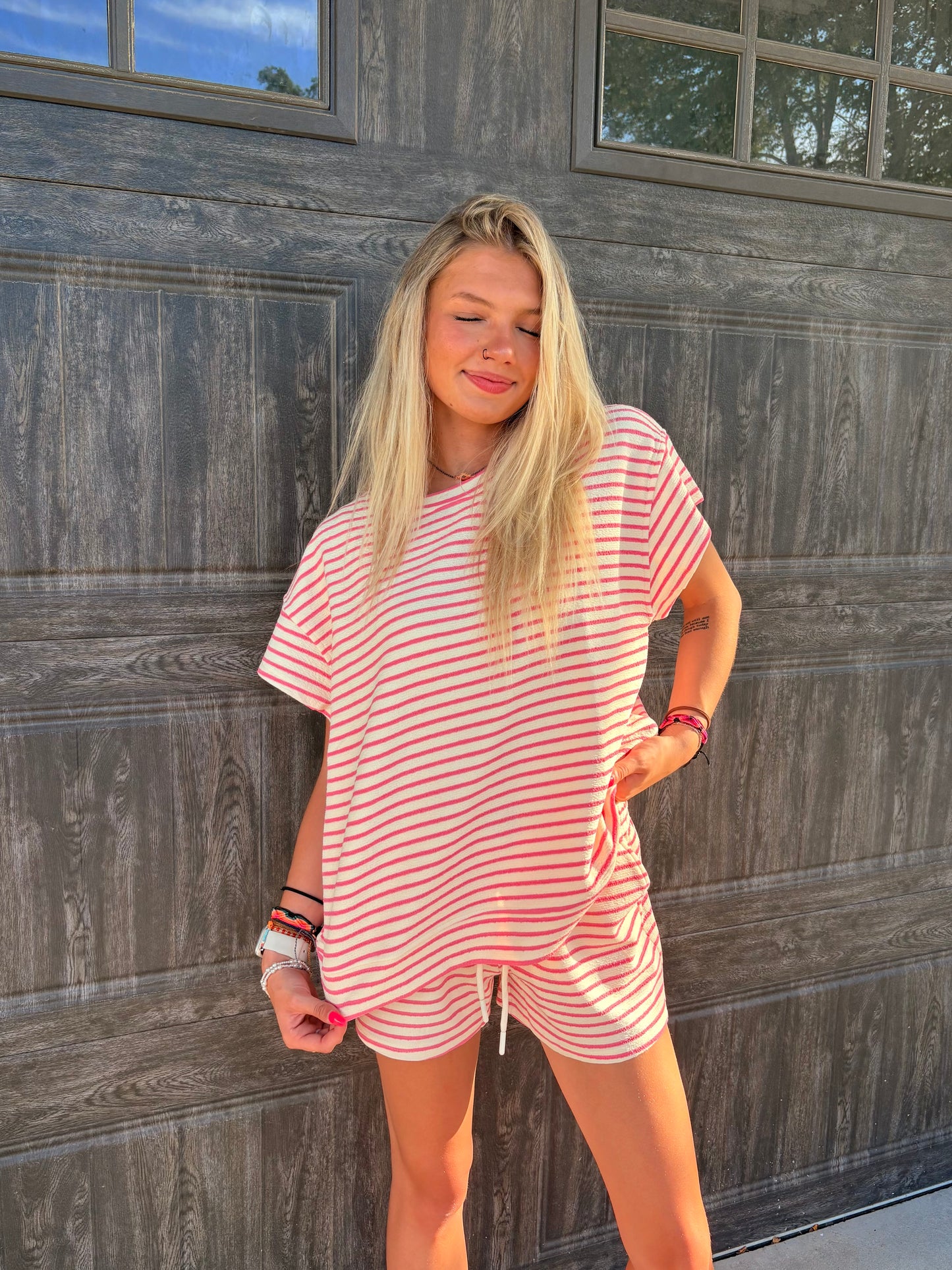 Pink & Cream Striped Knit Shorts