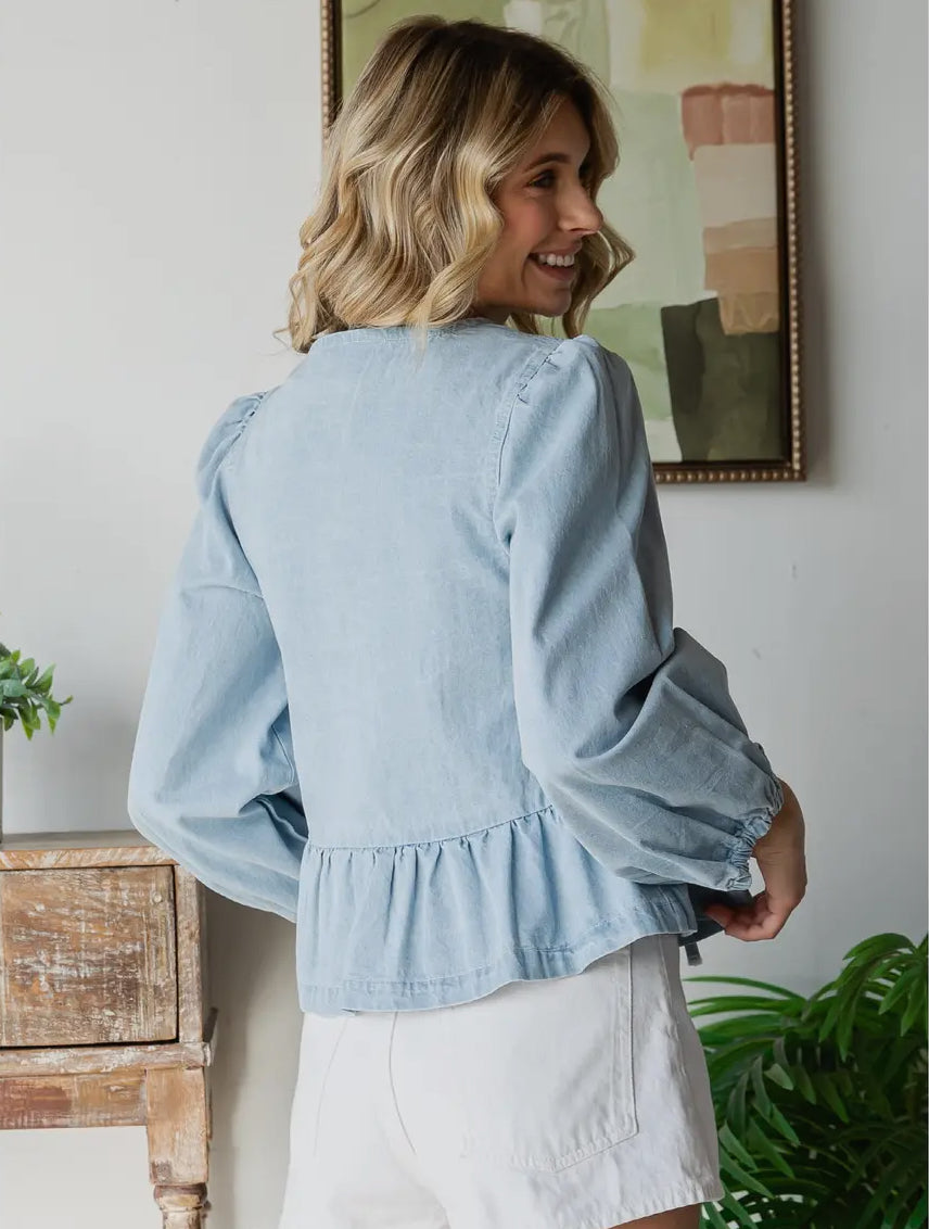 Long Sleeve Denim Bow Ruffle Top
