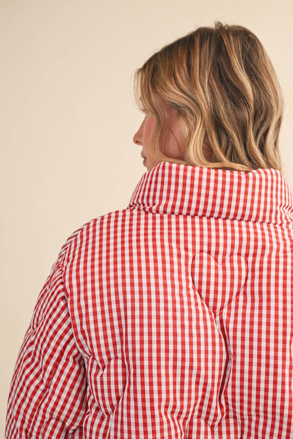 Gingham Print Puffer Jacket with Heart Shaped Quilting