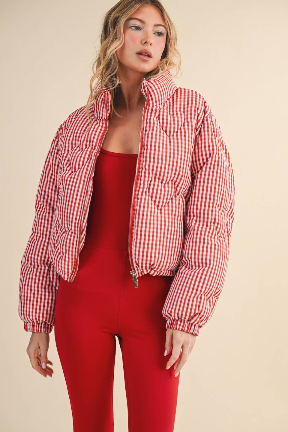 Gingham Print Puffer Jacket with Heart Shaped Quilting