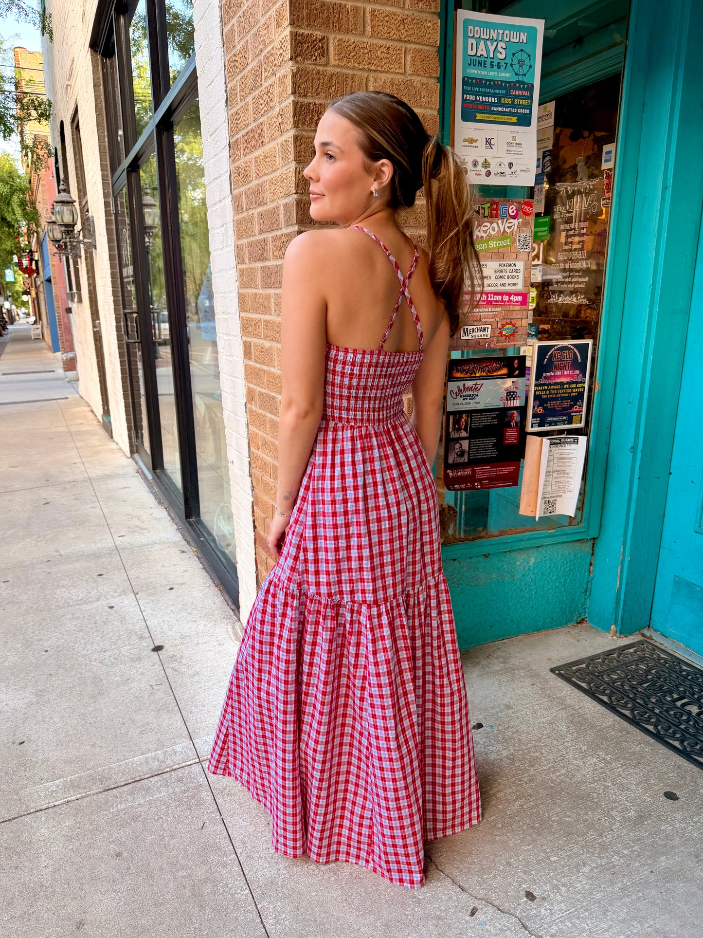 Americana Gingham Cross Back Midi Dress