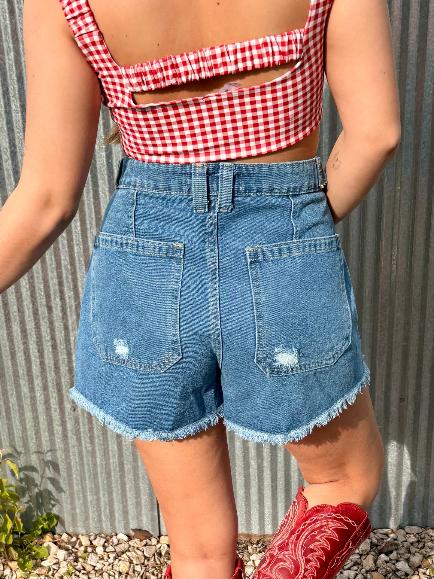 Buckled Washed Denim Shorts