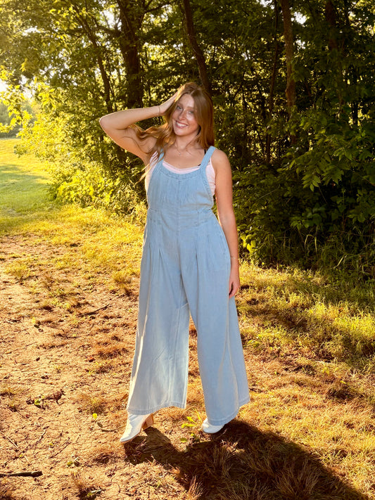 Pleated Denim Overalls