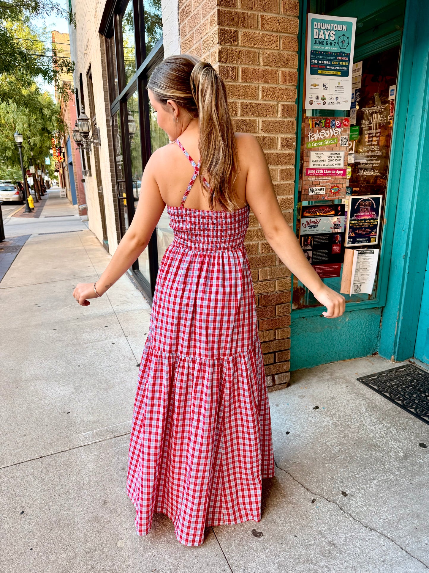 Americana Gingham Cross Back Midi Dress