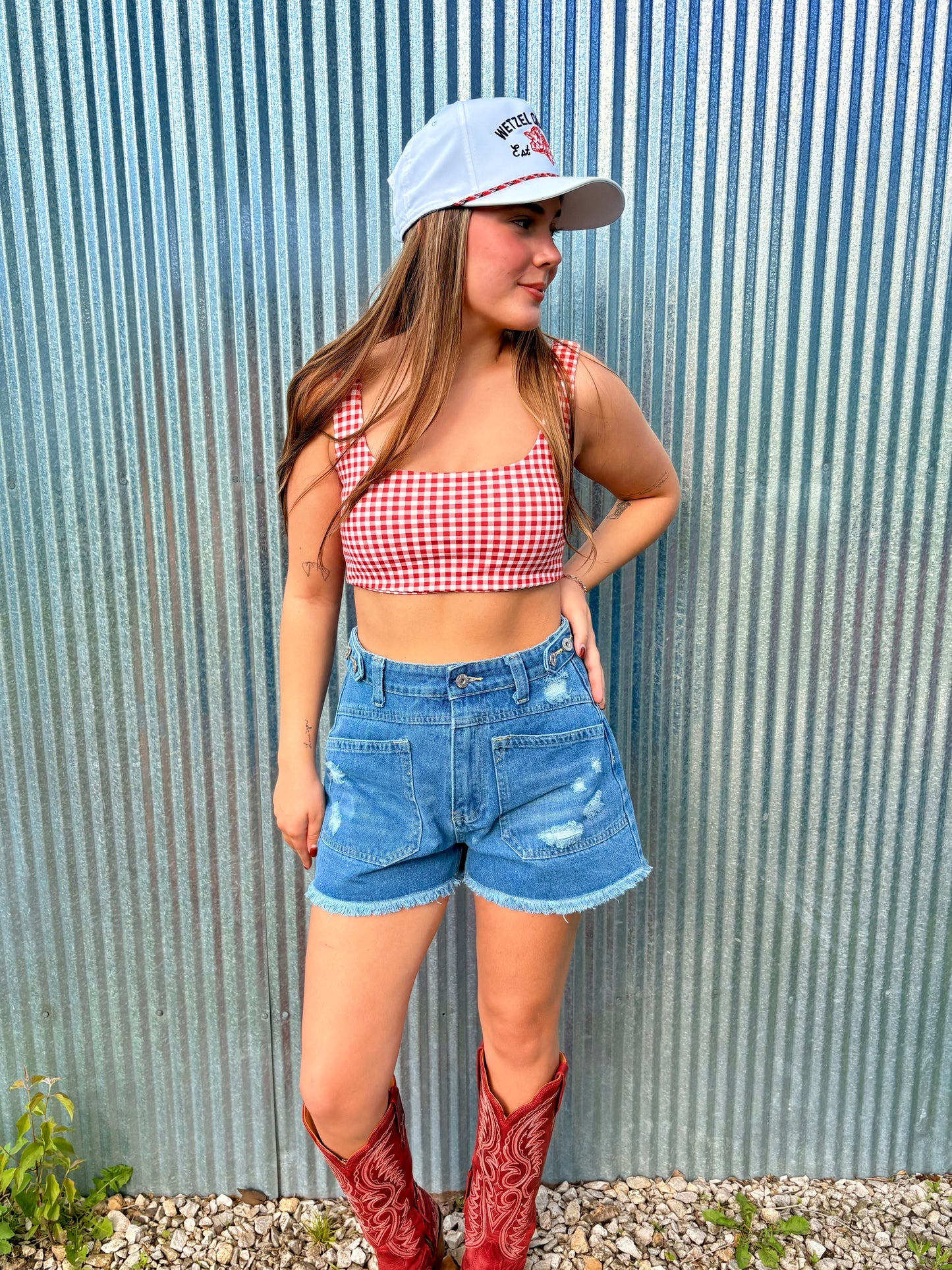 Buckled Washed Denim Shorts