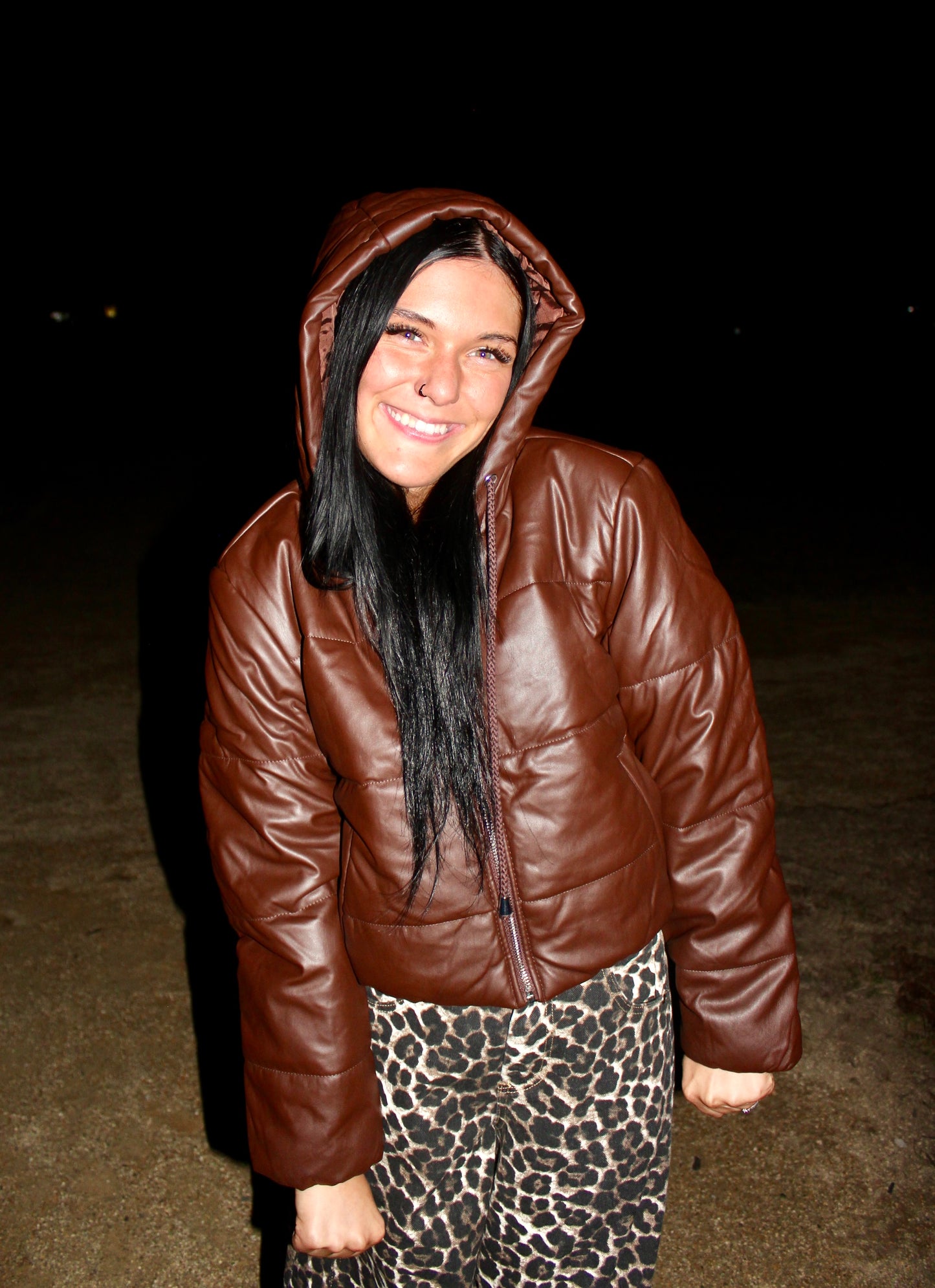 Hooded Faux Leather Cropped Puffer Jacket