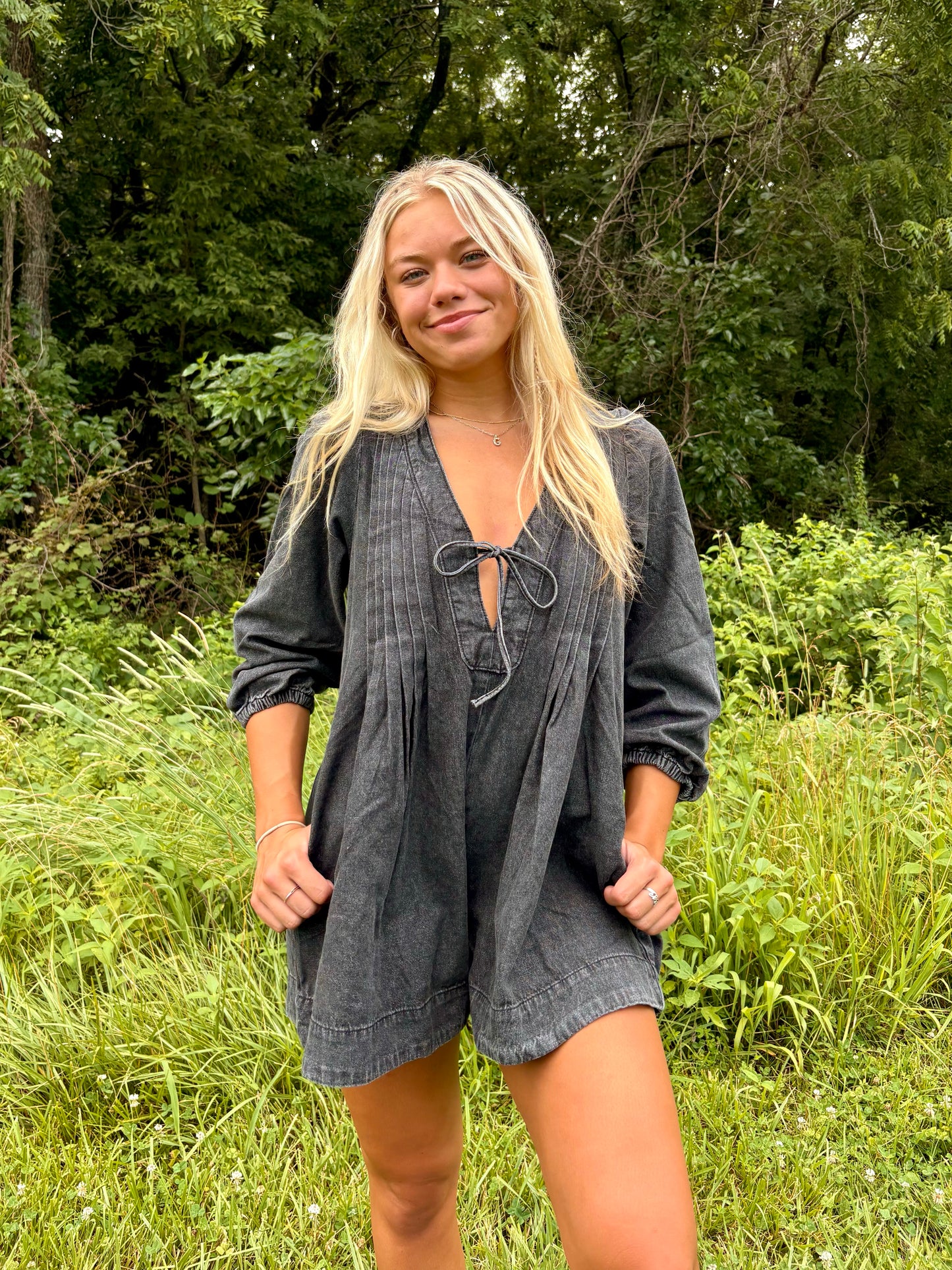 Black Long Sleeve Pleated Romper