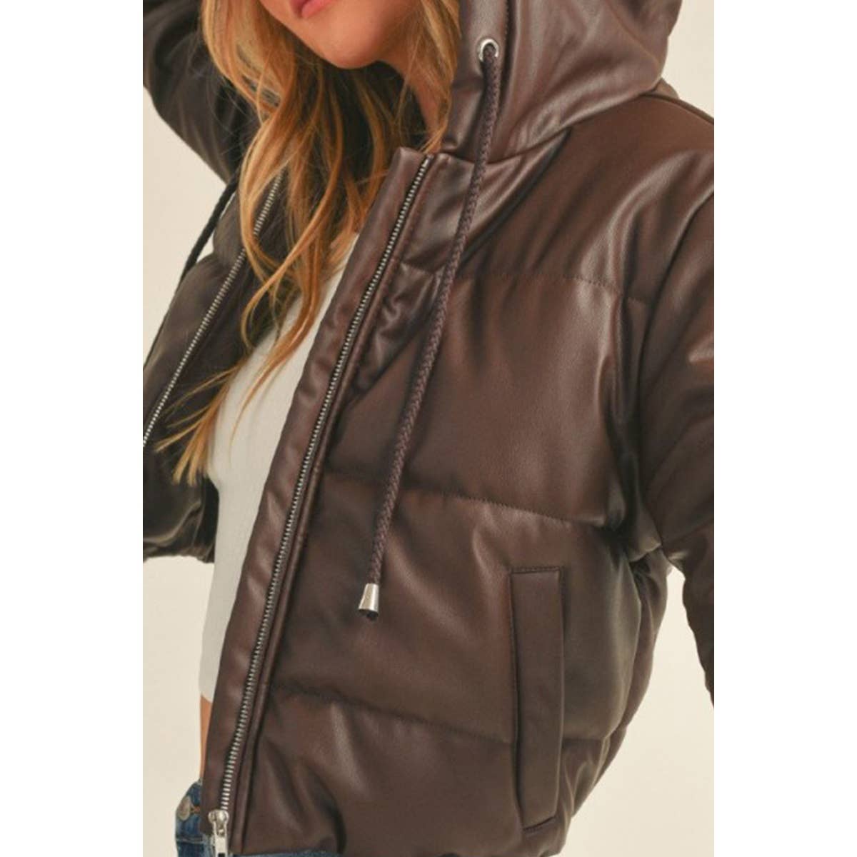 Hooded Faux Leather Cropped Puffer Jacket
