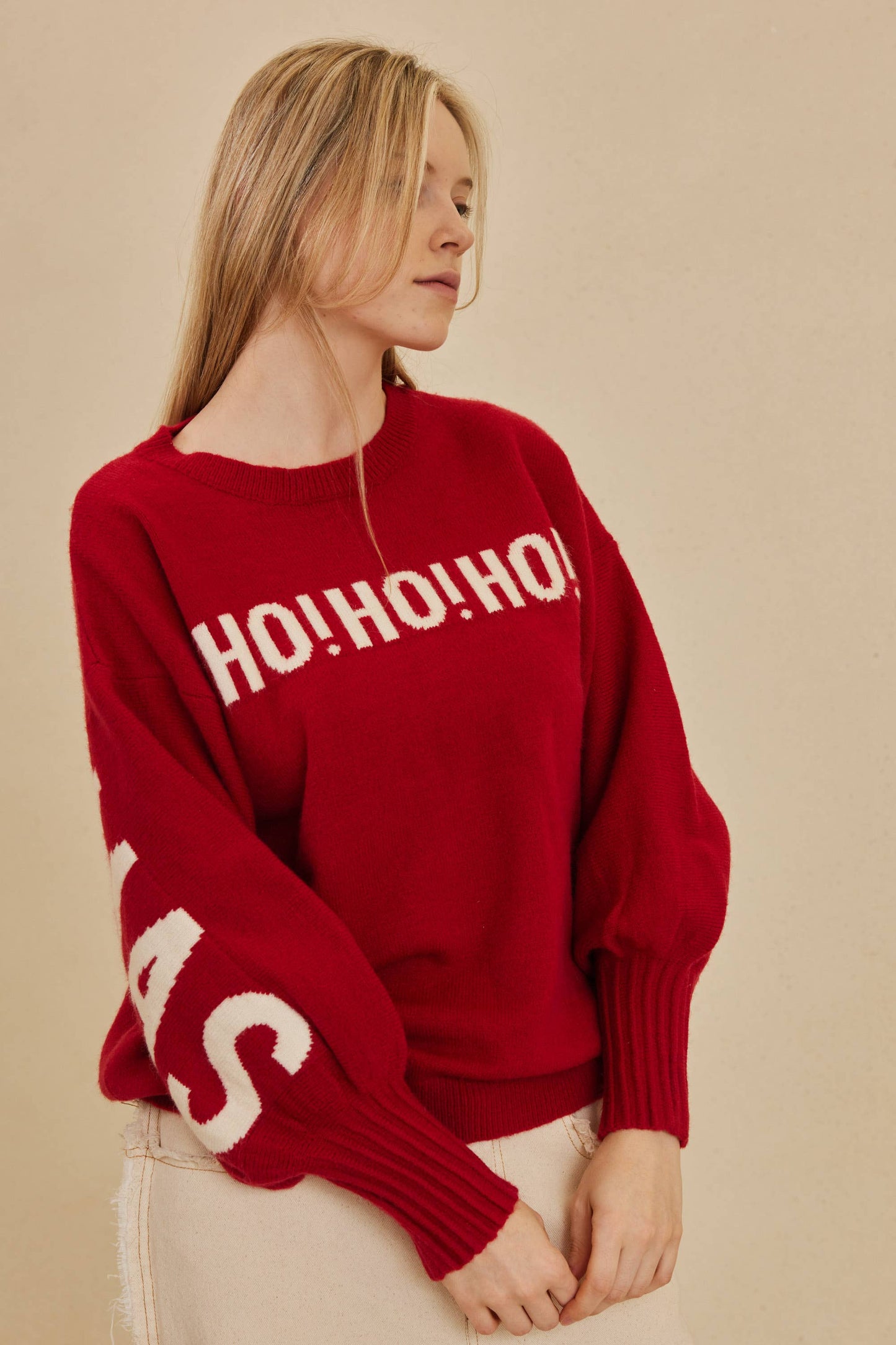 Oversized Ho! Ho! Ho! Bell Sleeve Sweater in Red
