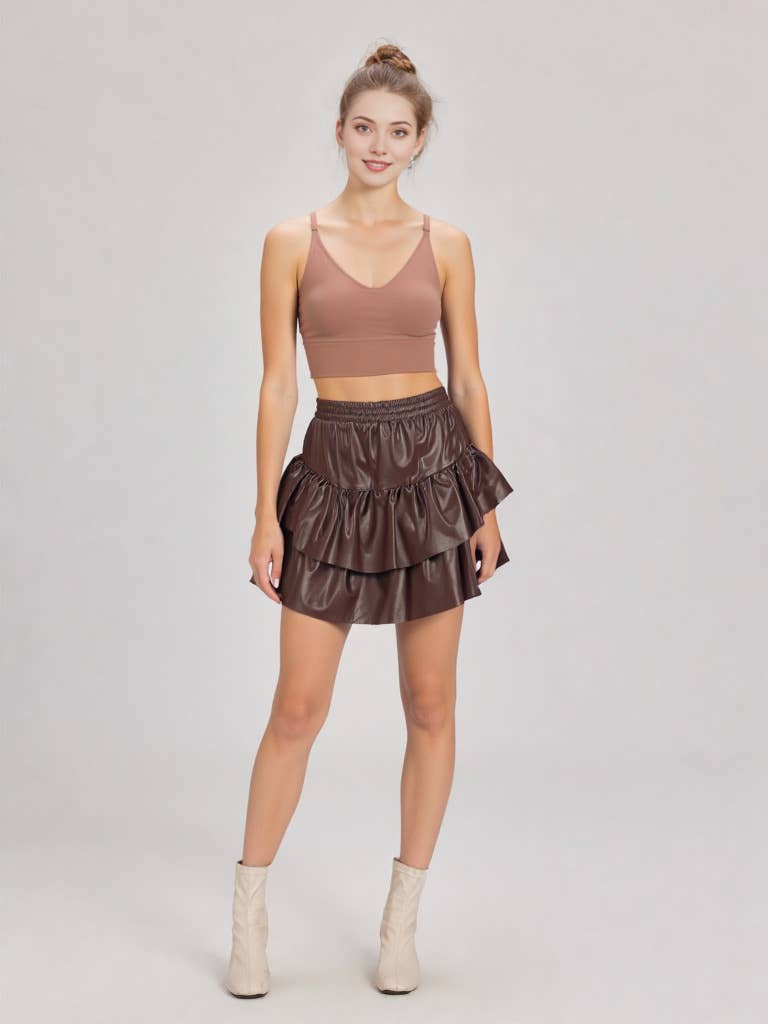 Choco Leather Ruffle Mini Skirt