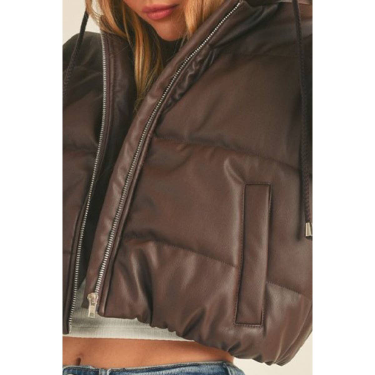Hooded Faux Leather Cropped Puffer Jacket