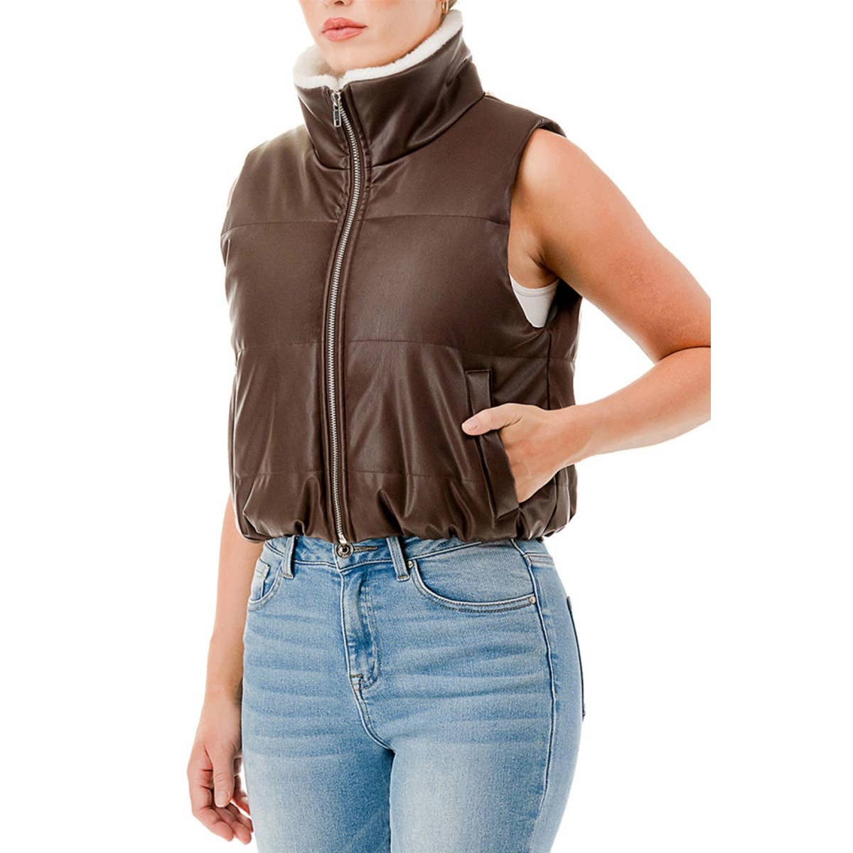 Faux Leather Sherpa Puffer Vest