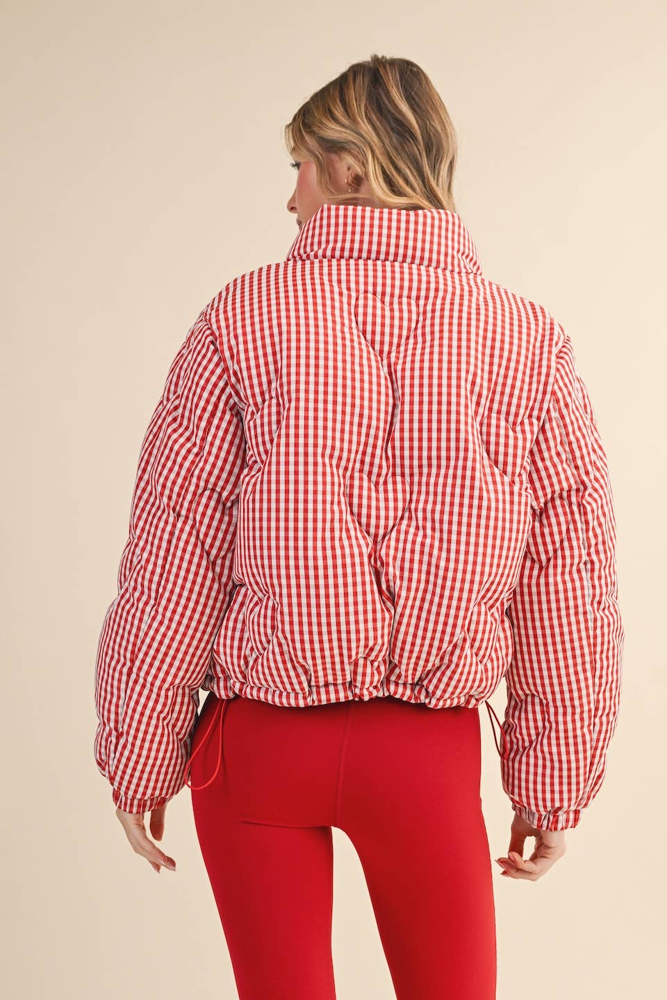 Gingham Print Puffer Jacket with Heart Shaped Quilting