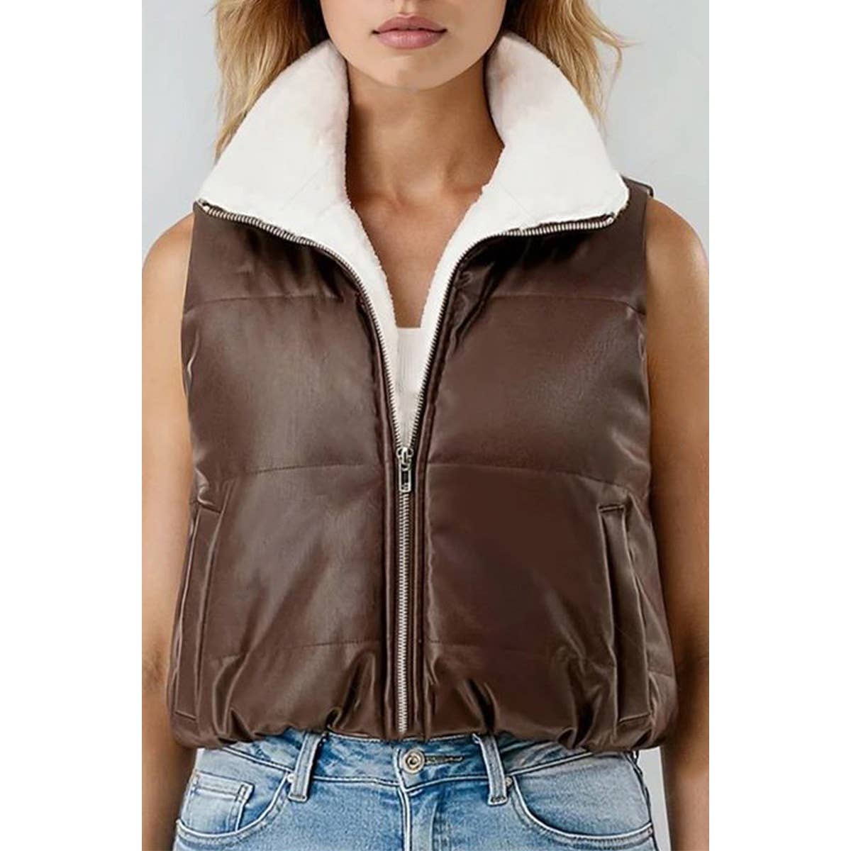 Faux Leather Sherpa Puffer Vest