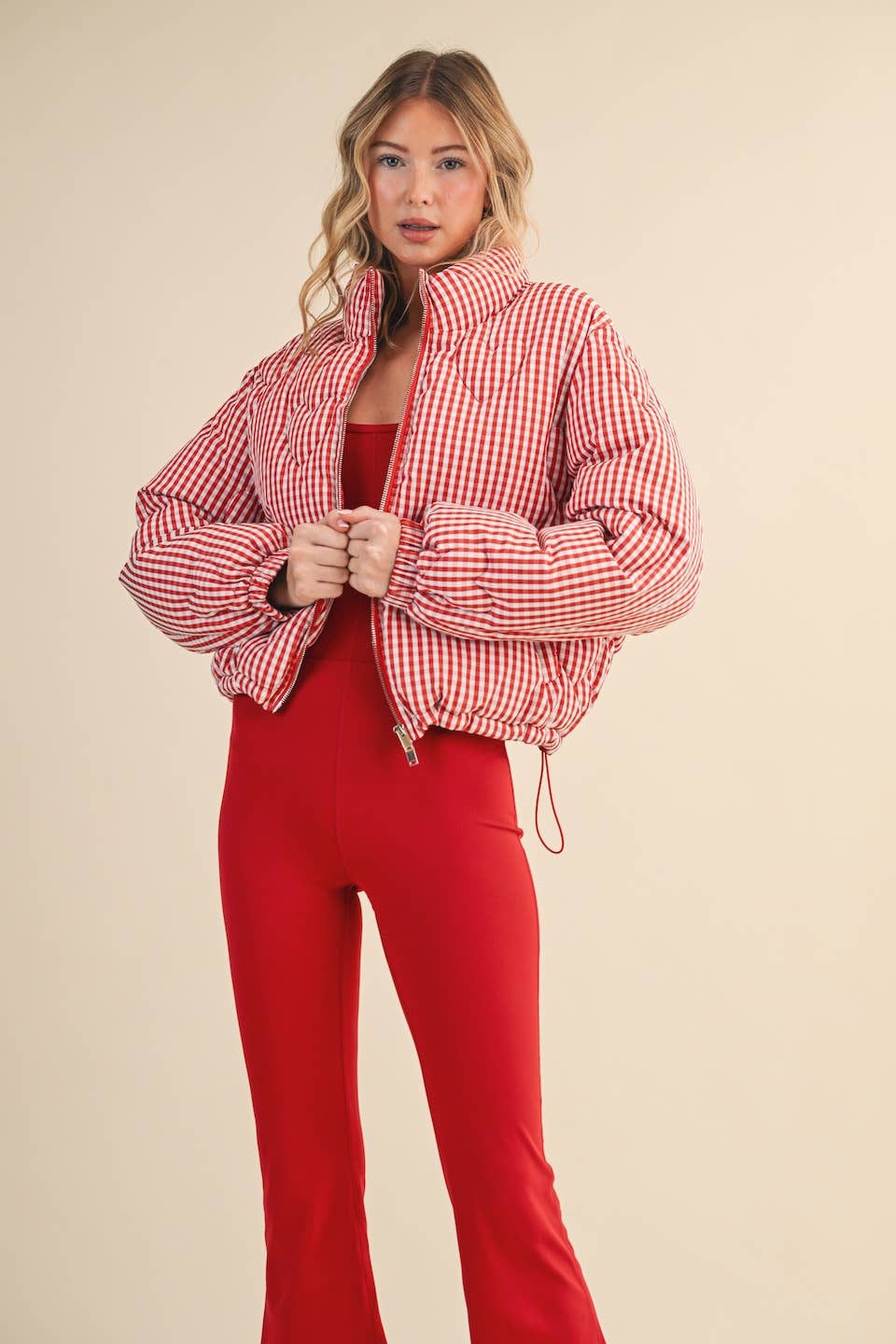 Gingham Print Puffer Jacket with Heart Shaped Quilting